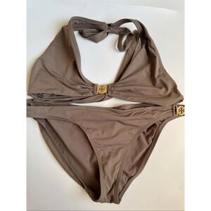 Tory Burch Gemini Link Brown Halter Full Coverage Bikini Small Top Medium Bottom
